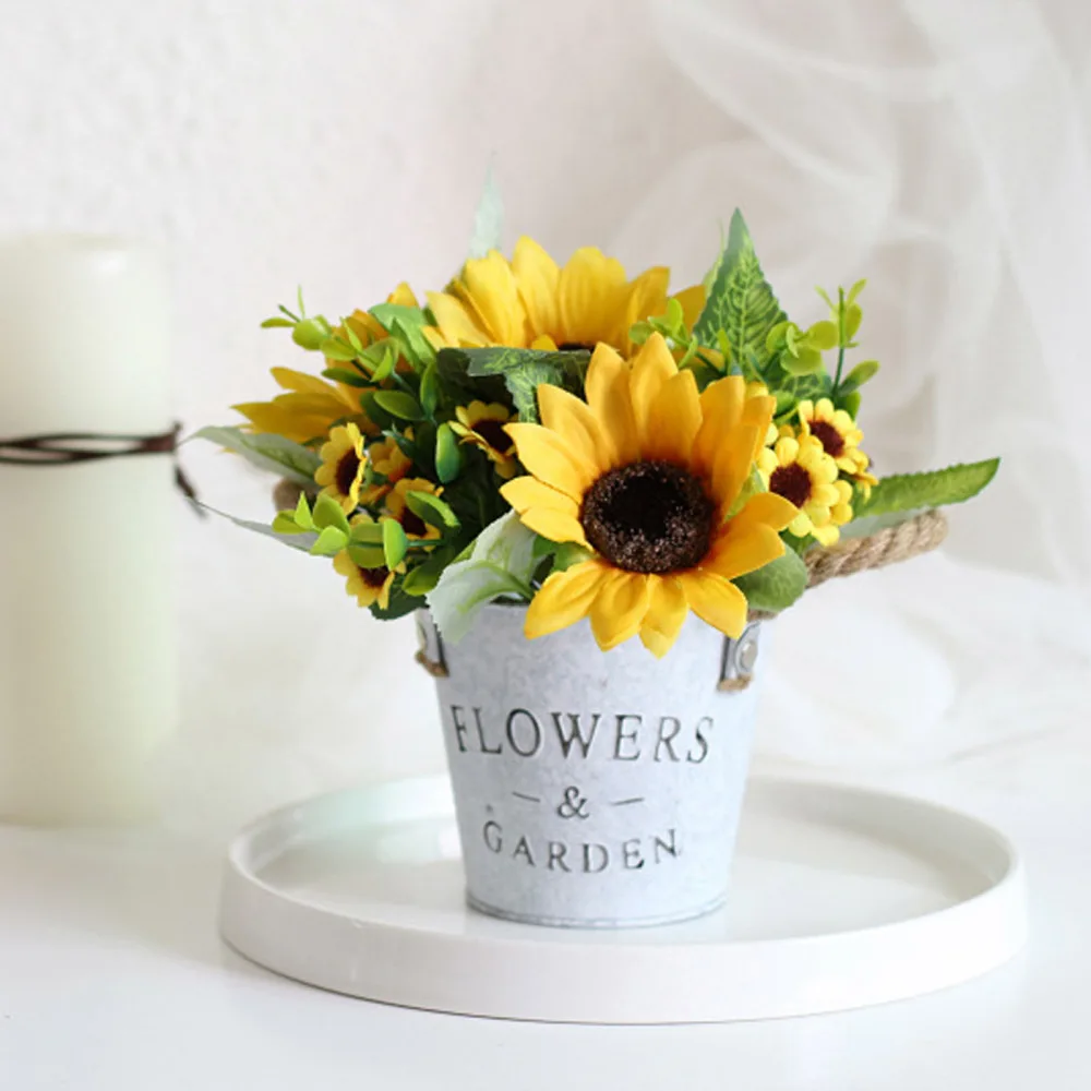 Sun Flower Sunflowers Pot Ornaments Simulation Bonsai Plant Set Artificial Daisy Bouquet With Vase Fake Flowers In Metal Potted | Дом и сад