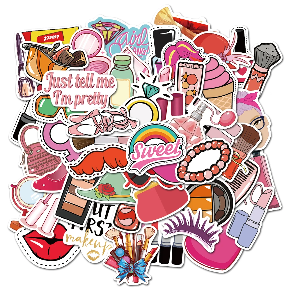 

50PCS Girls Makeup Stickers Pack Pink Anime Stiker For Laptop Fridge Phone Skateboard Suitcase Sticker