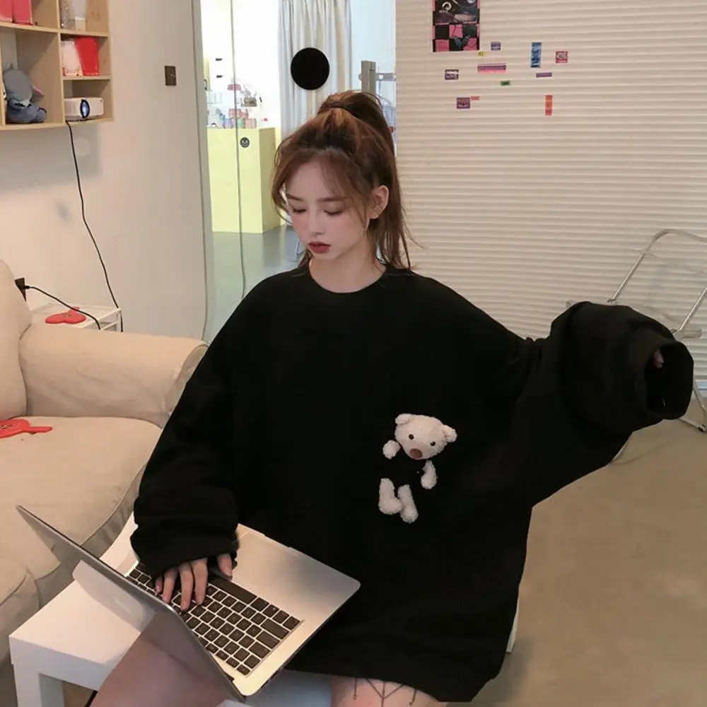 

Women Autumn Long Sleeve Pocket Cute Bear Blouse Top O Neck Oversized Sweatshirt Vintage Hoodie Sweetshirt Fashion Zip Casual