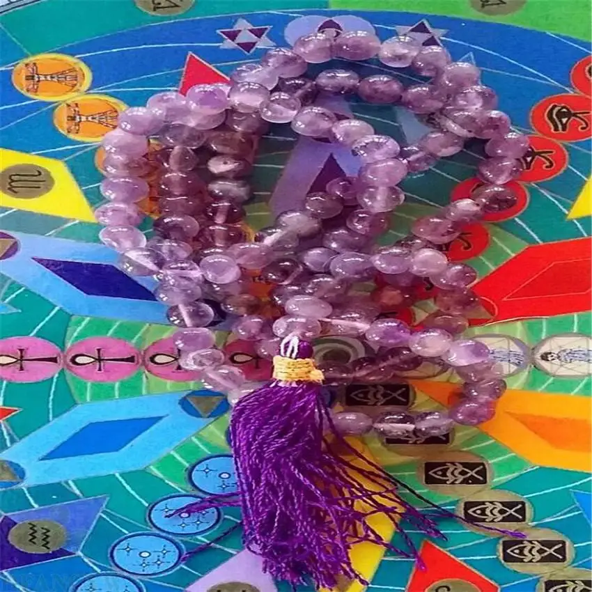 

6mm Amethyst Gemstone 108 Beads Tassels Mala Necklace Unisex Chakas Mala Ruyi Meditation pray Handmade fengshui cuff yoga