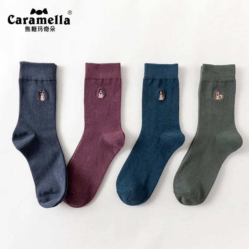 5316941101 Caramella/4 пар/лот, мужские носки для мальчиков с рисунком щенка, хлопковые носки до середины икры, Осень-зима, теплые одноцветные - Цвет: 5316941101