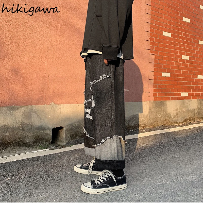 

Hikigawa Pantalones De Mujer Jeans Woman Patchwork Vintage Hole Men Jean Straight Oversized 2021 Korean Fashion Pant Women