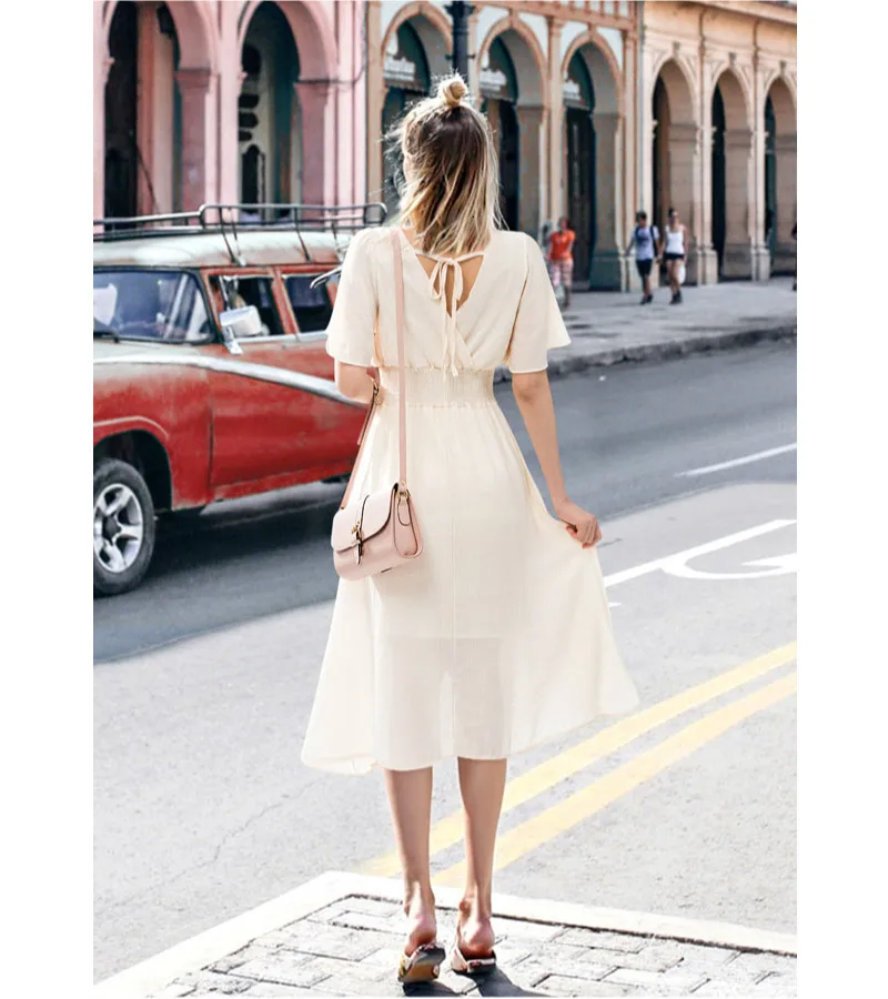 

Uguest Aurumn Chiffon Long Dress Plus Size Bandage V-neck Short Flare Sleeve Solid A-line Loose Elastic Party Big Women Dresses