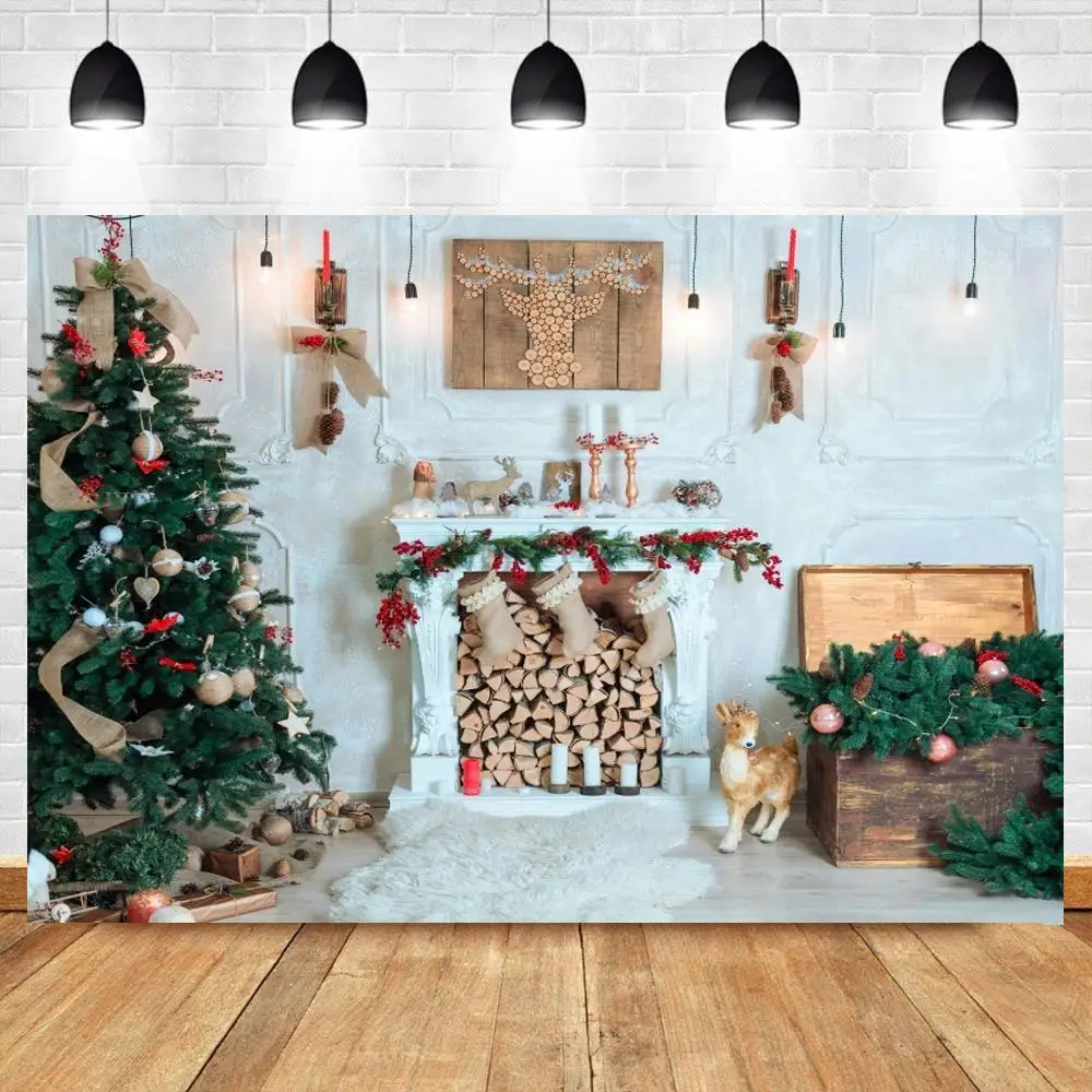 

Winter Backdrops Christmas Snow Tree Santa Clause Deer Gift Lantern Kid Gift Pine Backgrounds Photocall For Photo Studio