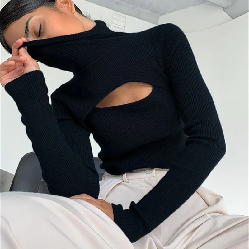 

Turtleneck Long Sleeve Hollow Out Slim Knitted Sweaters Autumn Women Fashion Knitwear Pullover Tops WDC9005