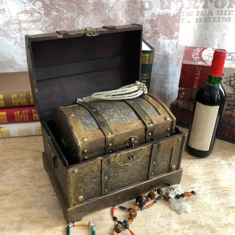 

Durable Wooden Antique Decor Treasure Chest Sundries Box Jewelry Storage Treasure Case Without Lock for Girls Large