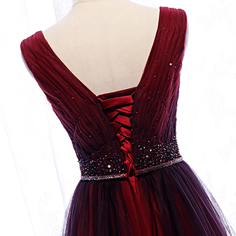 

Evening Dress Burgundy Deep V-Neck Sleeveless Elegant A-Line Floor-Length Beads Bling Lace Up Tulle Party Formal Gown Woman B294