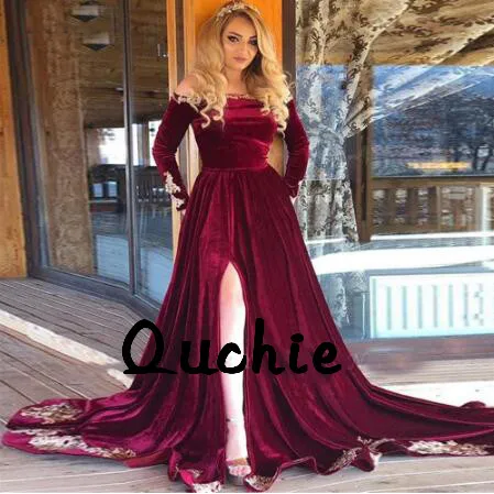 

Burgundy Velour Evening Dresses Off Shoulder High Split robe soiree Islamic Dubai Kaftan Saudi Arabic Prom Gown Custom
