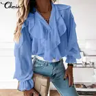 Женская белая блузка Celmia 2022, модные элегантные Гофрированные Топы, пикантная рубашка с V-образным вырезом и длинным рукавом, Женская Повседневная Уличная одежда на пуговицах, блузы