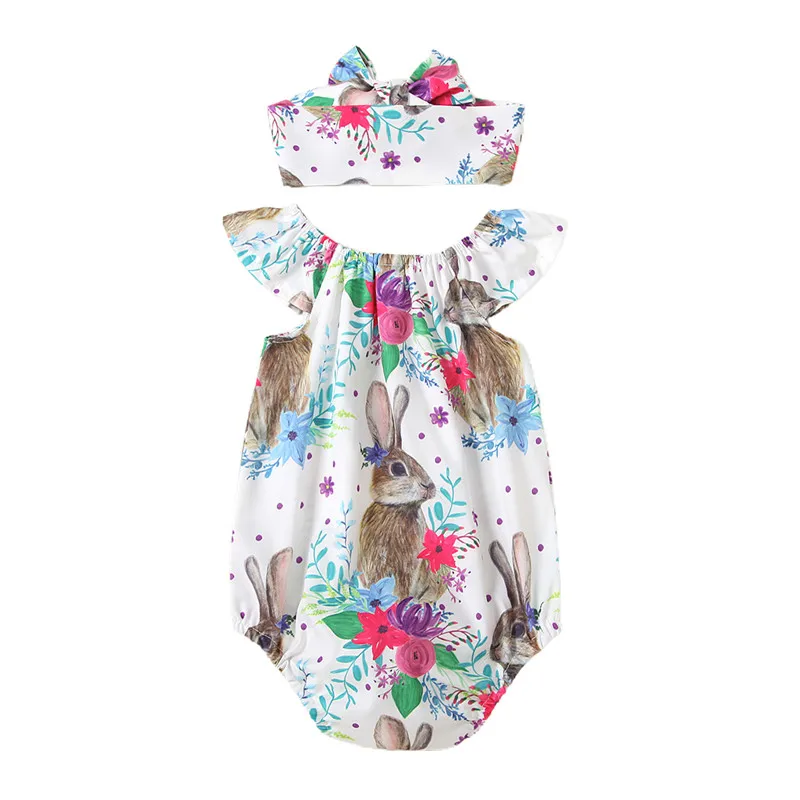 

Baby Girls Easter Rabbit Print Buttons Rompers Flying Sleeve Round Collar Jumpsuit Headband Baby Clothing