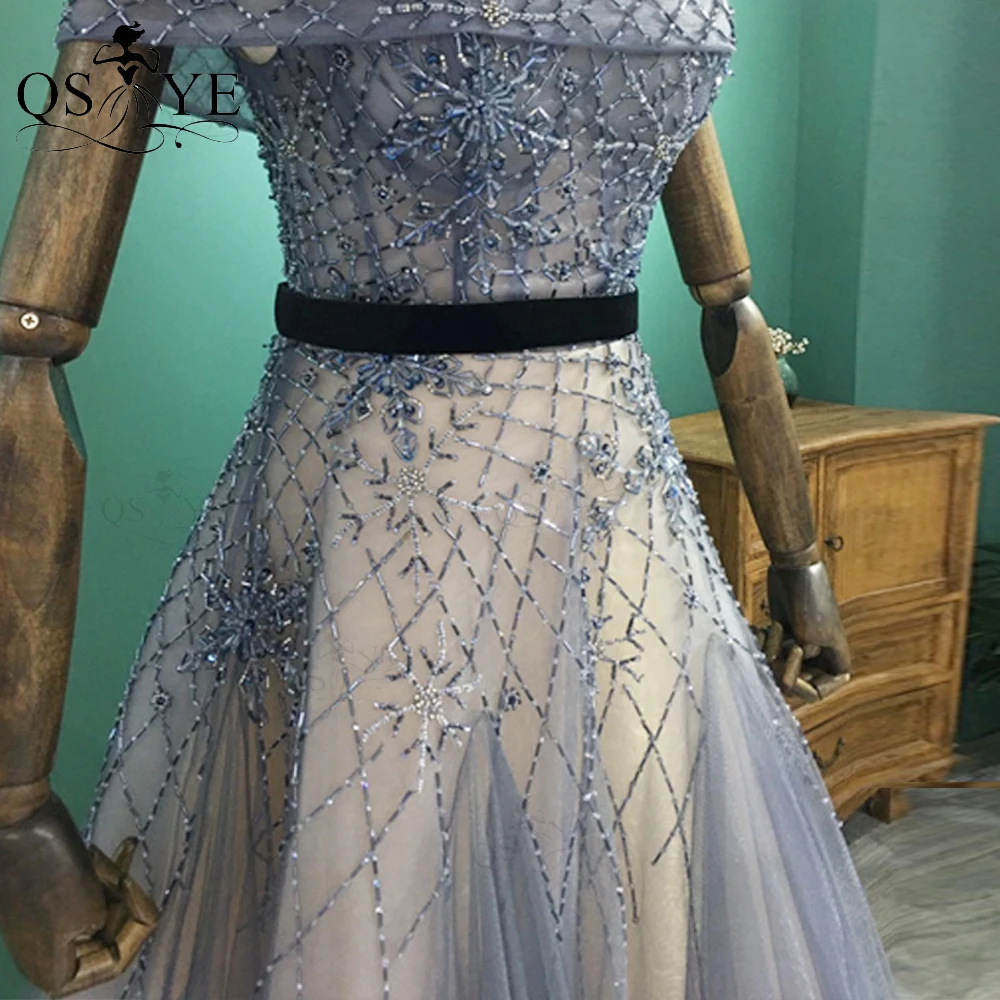 QSYYE High Quality Grey Blue Prom Dress Black Velvet Belt Long Girl Tulle Gown A Line Evening Dress Luxury Beads Party Dress