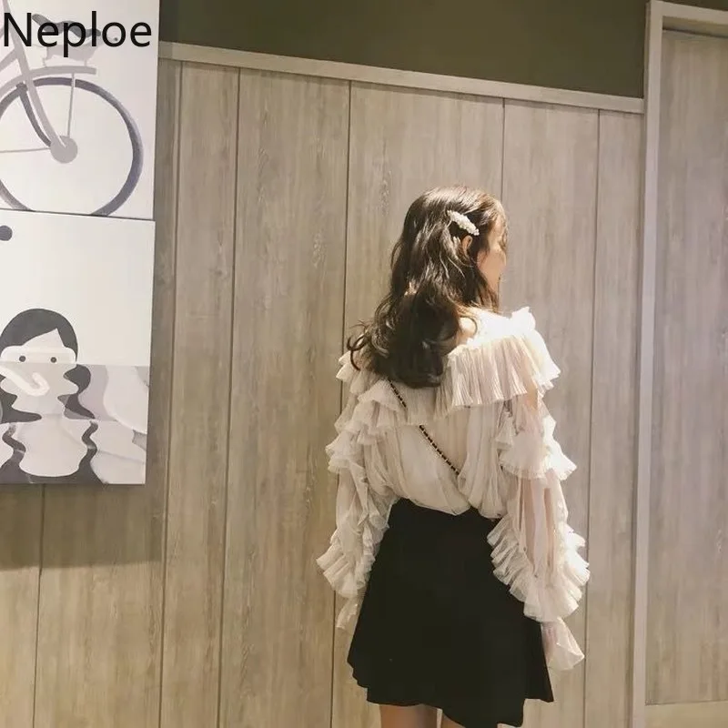 Женские модные рубашки Neploe с рюшами и оборками прозрачный шифоновый топ вырезами
