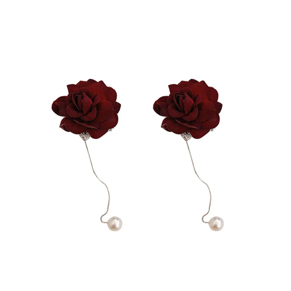 

New Elegant Red Rose Velvet Drop Earrings Long Ear Line Pearl Earrings Wedding Bride Jewelry Accessories Valentines Day Gifts
