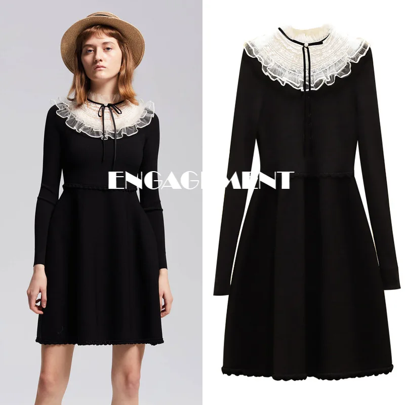 

ENGAGEMENT Sandrock 2021 New Knitted Autumn Majeth Lace Dress with Long Sleeve Black Skirt In The Wind