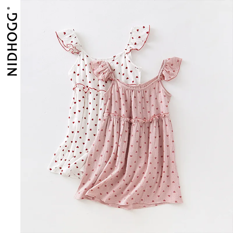 

2021 New 100% Cotton Crepe Nightgowns for Women Sleeveless Spaghetti Strap Sexy Night Dress Love Print Soft Summer Home Clothes