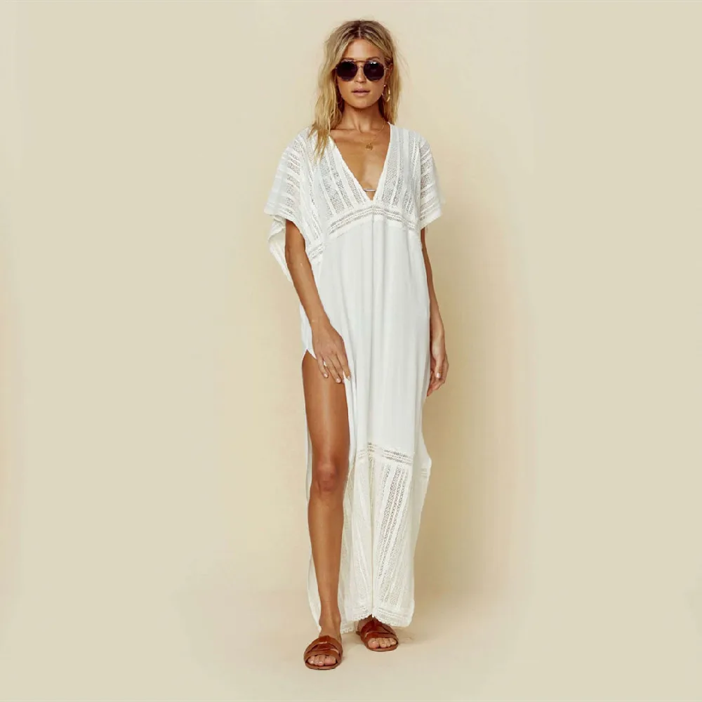 

Plus Size Beach Dress Women Beach Wear Cover-ups Long White Tunic Bikini Swimsuit Cover Up Bath Dress Sarong plage pareo #Q1001