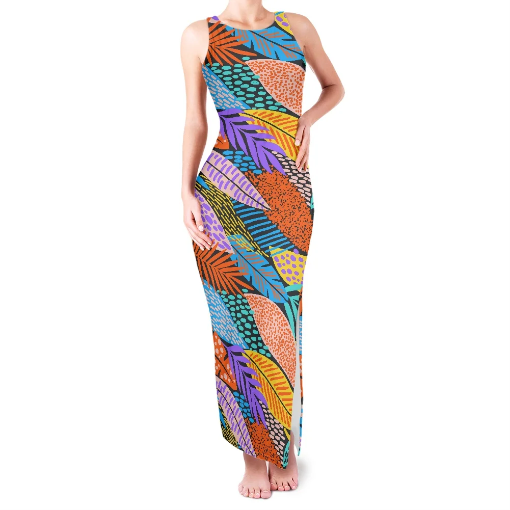 

Drop Shipping Hawaii Tribal Summer Holiday Art Tropical Palm Leaf Women Sleeveless Dresses Plus Size Gowns Dresses Island Wear