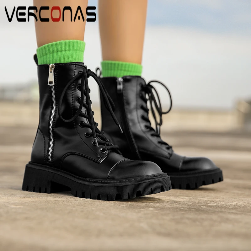 

VERCONAS Casual Fashion Women Ankle Boots New Arrival Autumn Winter Thick Heels Shoes Woman Genuine Leather Zipper Lace-Up Boots