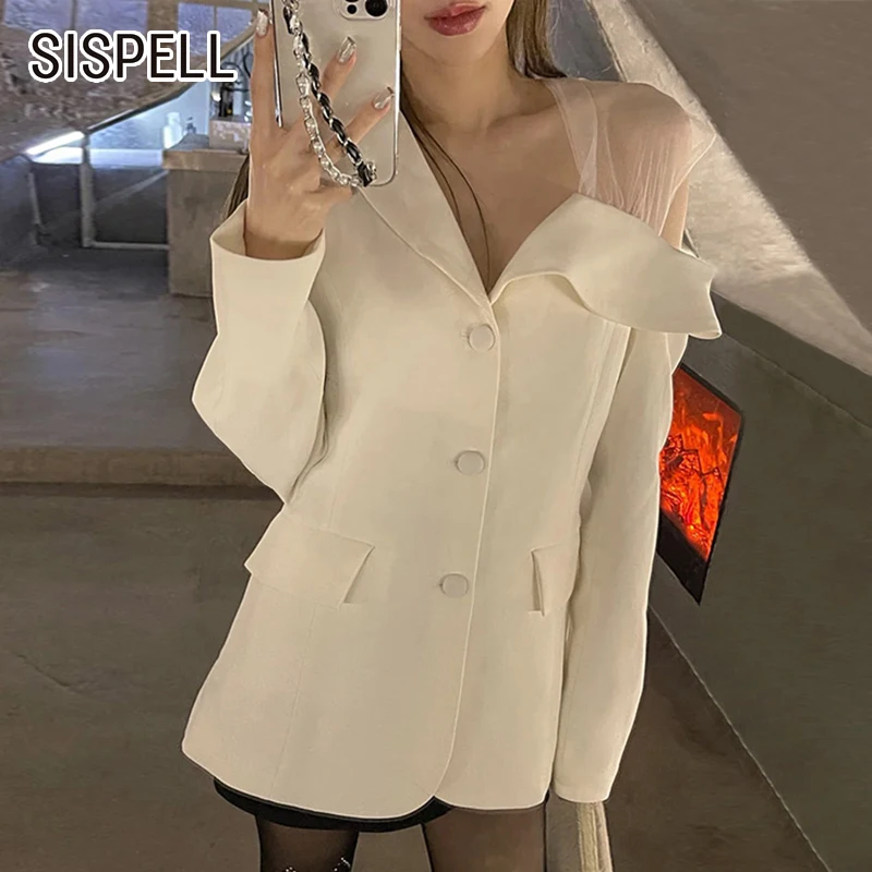 

Женский кружевной Блейзер SISPELL, свободное повседневное пальто лоскутного покроя с отложным воротником и длинным рукавом, с открытыми плеча...