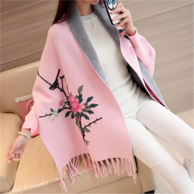 Женский длинный кардиган с вышивкой облегающий тонкий свитер рукавами летучая