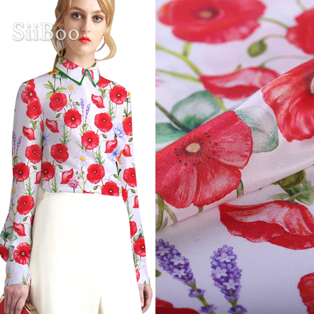 Элегантная красная Цветочная печать 100% Шелковая крепдешиновая ткань одежда для