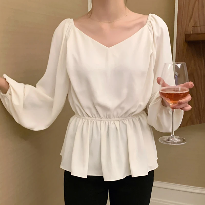 

Shintimes v-образным вырезом белое платье с поясом шифоновая блузка в Корейском стиле модная женская одежда 2021 рубашка с длинными рукавами, женс...