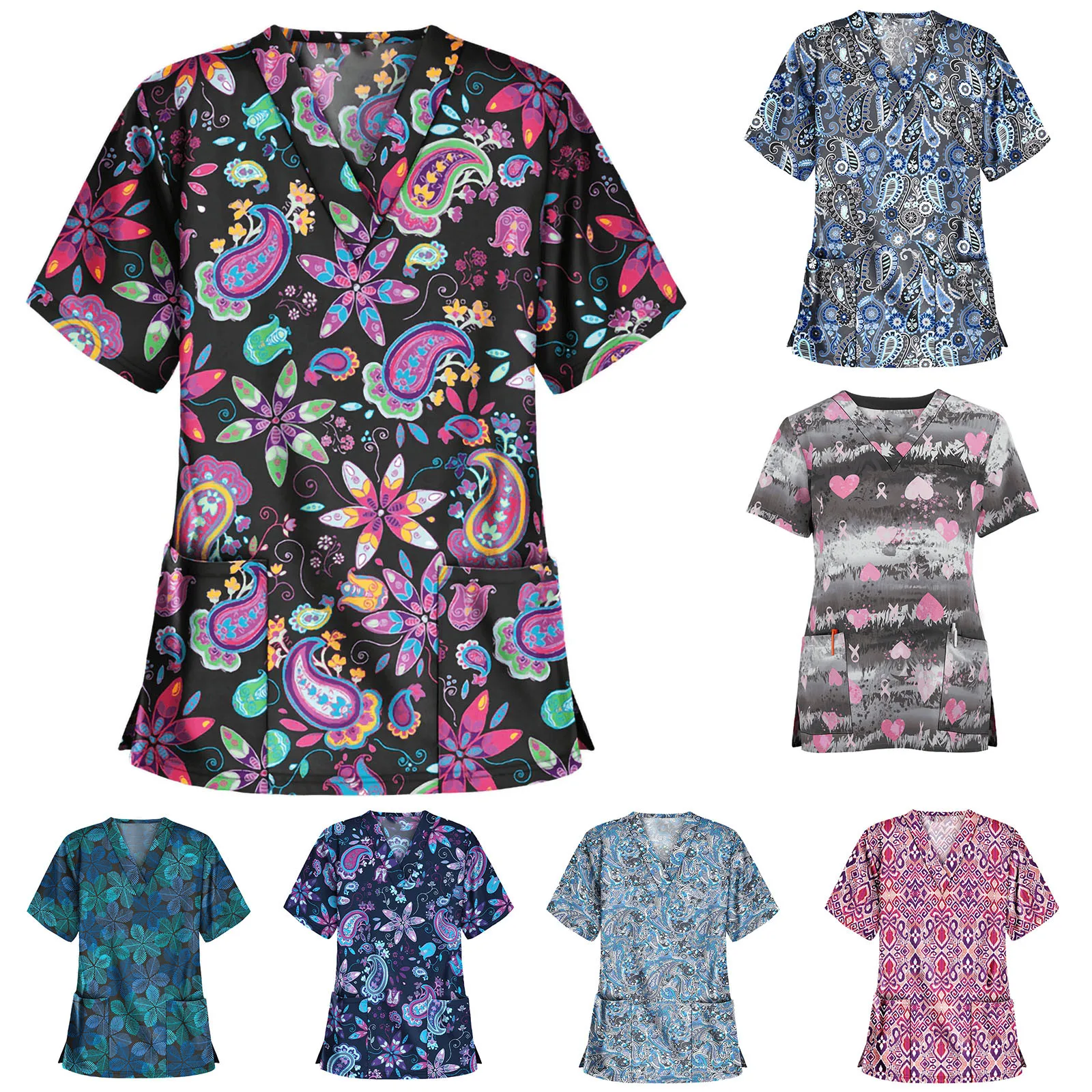 Женский топ с коротким рукавом и v образным вырезом рабочая одежда рисунком