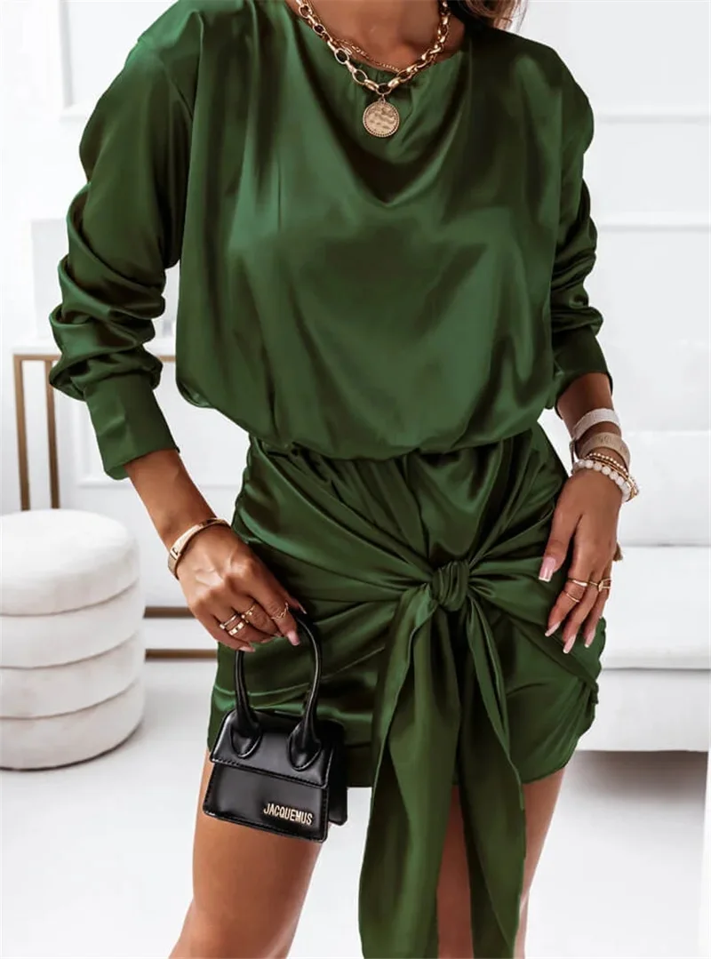 

Платье-Карандаш женское с бантом, однотонное облегающее мини-платье с длинным рукавом, эластичным поясом, весна-осень