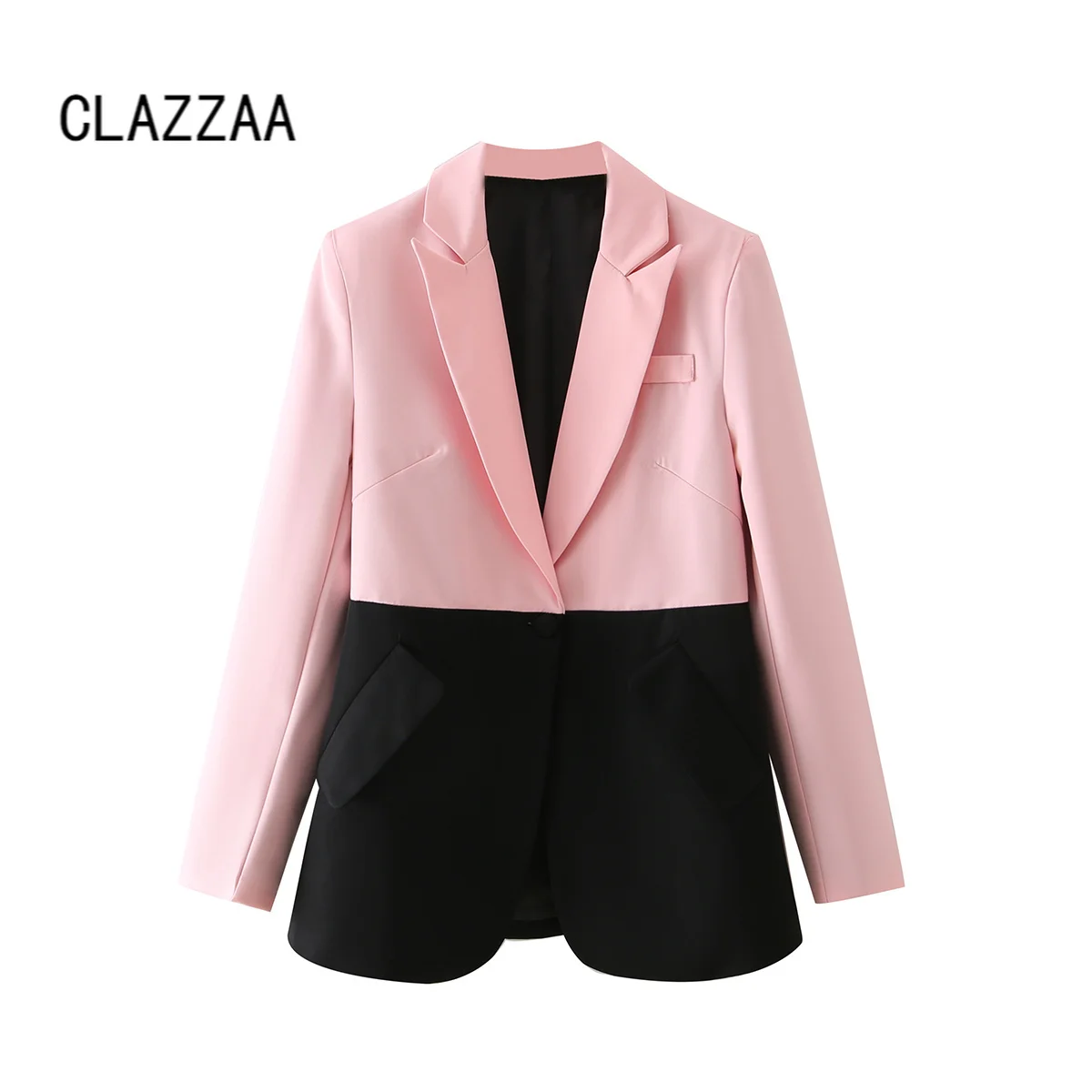 

Clazzaa Women Fashion Black Pink Patchwork Single Button Blazer Vintage Long Sleeves Notched Neck Female Suit veste femme