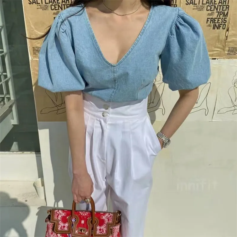 

Vintage V-neck Chic Fashionable Hot Summer Shirts for Ladies Sun V-neck Deep Blue Shirts Elegant Fashion Going Out Cool Top