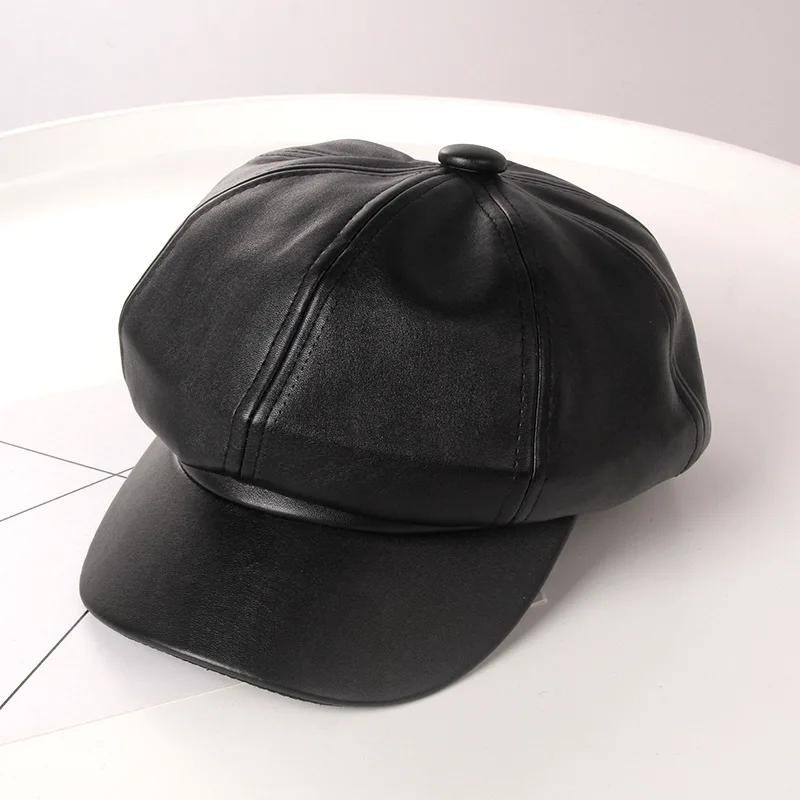

2020 Women Hot Fashion Beret Solid Faux PU Leather Beret French Artist Warm Beanie Hat