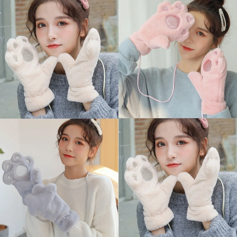 

Women Winter Thick Fluffy Plush Full Finger Gloves Cartoon Bear Paw Embroidery Student Outdoor Warm Mittens with String