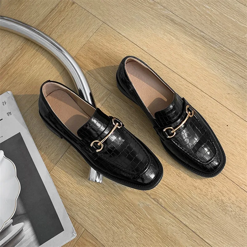 

ANNYMOLI Square Toe Pumps Women Cow Leather Metal Decoration Loafers Shoes Lady Mid Heel Shoes Block Heels Casual Footwear Black