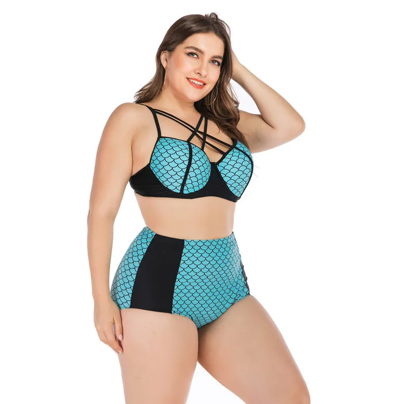 Для женщин s размера плюс 4XL рыбьей чешуи печати Разделение купальники бикини 2020