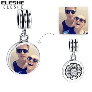ELESHE Персонализированные 925 стерлингового серебра на заказ фото бис круглой формы в форме цветка кулон шарма подходит Элитный бренд браслет для женщин, сделай сам, ювелирное изделие