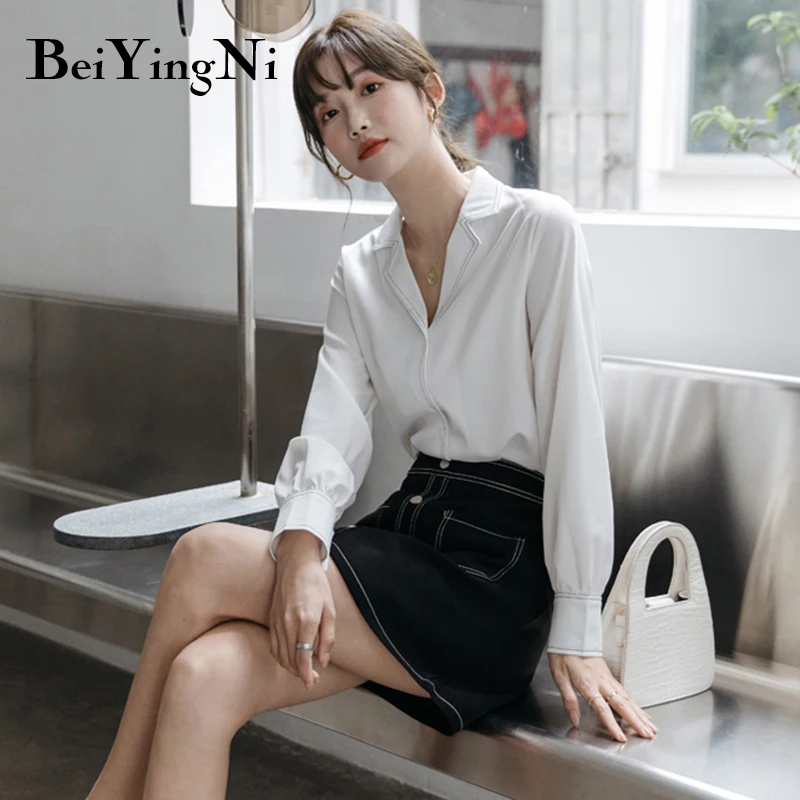 

Beiyingni Notched Shirts Womens Solid Color Single-breasted Slim Loose Elegant Blouses Ladies Chic Work Wear OL Blusas Woman