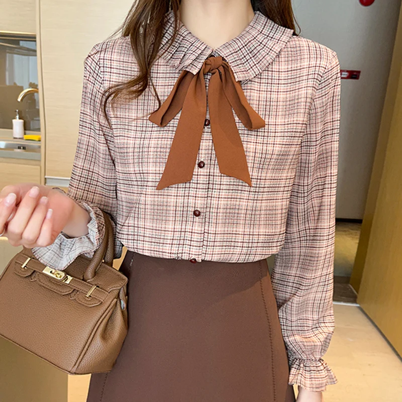 

LJSXLS 2021 The New Plaid Long Sleeve Shirts Women Chiffon Fashion Bow Blouses Temperament Button Versatile Slim Female Clothes