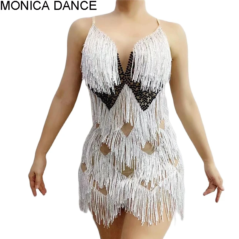

Женское сексуальное сценическое черное Стразы Белое Прозрачное платье с бахромой женское для танцора DS Клубное платье для дня рождения празднование выпускного вечера