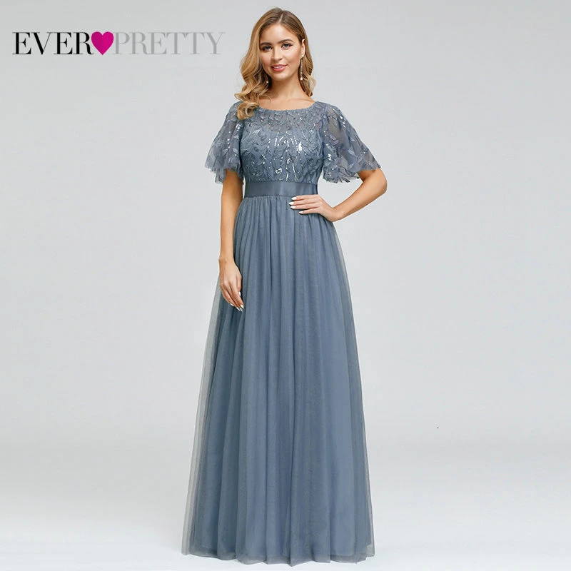 Dusty Blue Robe De Soiree блестящие вечерние платья Длинные Ever Pretty EP00904GY A-Line o-образным вырезом с коротким рукавом Вечерние платья женские элегантные платья - Цвет: Dusty Blue