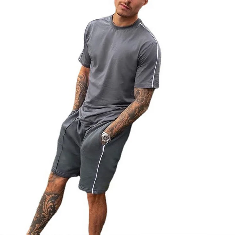 

Summer Solid Short Sleeve Casual Sport Suit 2021 New Fashion Two Piece T-shirt Shorts Tracksuit Men Set Fitness Bodybuilding