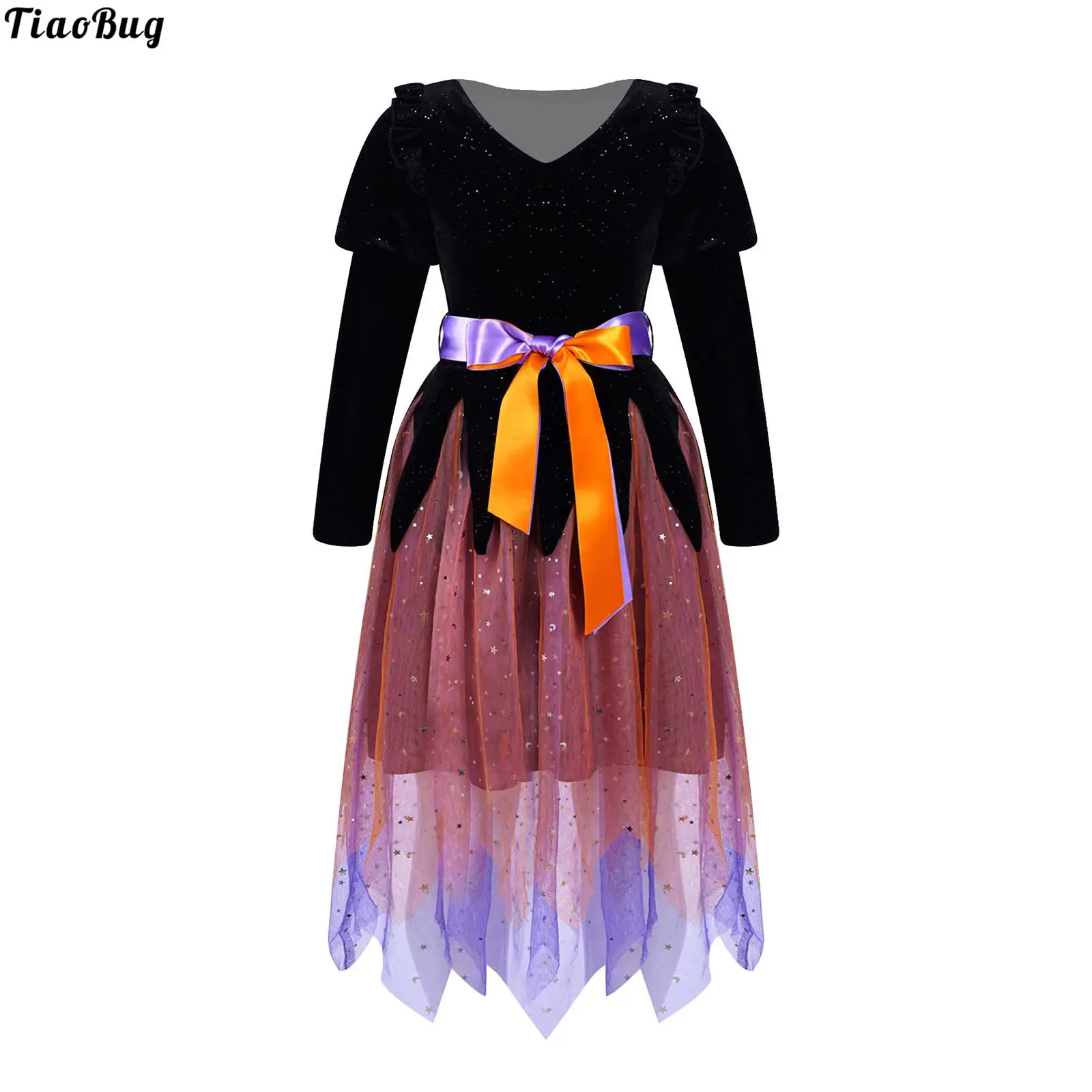 

Детские костюмы для косплея Хэллоуина девочки ведьмы для тематической вечеринки костюм для выступлений с V-образным вырезом с длинными рук...