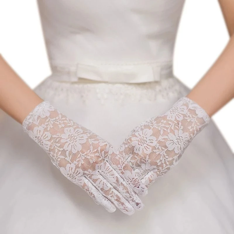 

Womens Floral Lace White Short Gloves Full Fingered Wrist Length Through Bridal Wedding Mittens Vintage Crocheted