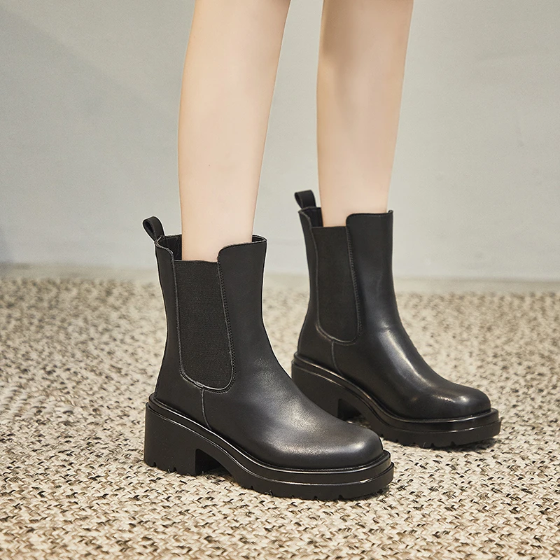 

Женские ботинки челси, черные ботинки из искусственной кожи на массивном каблуке, в стиле панк, Mortorcyle, зимние теплые боевые ботильоны с мехо...