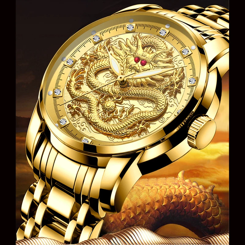 Stereoscopic 3D printing Men luxury business Military Quartz watch golden stainless steel band men watches male clock Relogio