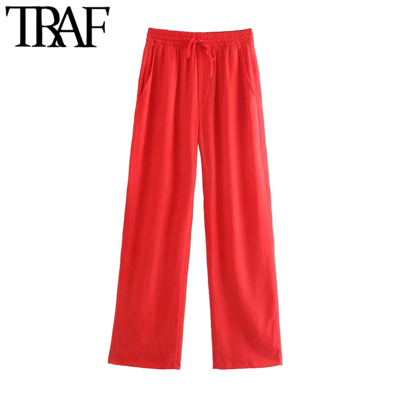 

TRAF Women Fashion Side Pockets Straight Soft Touch Pants Vintage High Elastic Waist Drawstring Female Trousers Mujer
