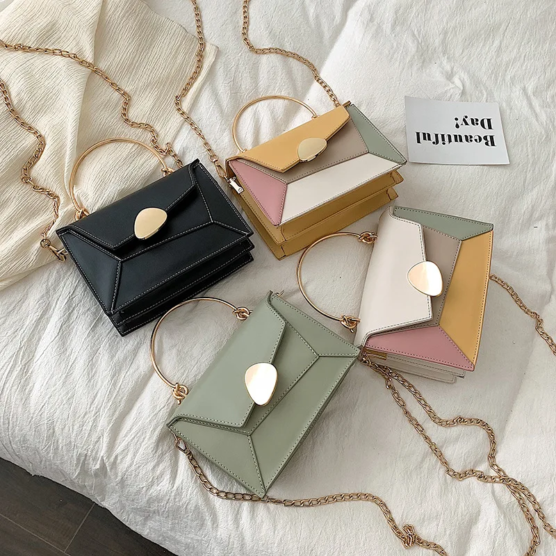 

Contrast Color PU Leather Crossbody Bags For Women 2020 Chain Handbags with Metal Handle Shoulder Messenger Bag Small Totes