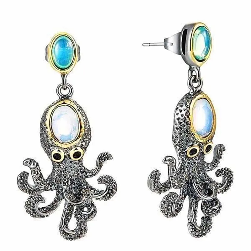 

Vintage Female Blue Oval Crystal Earrings 14KT Black Gold Long Wedding Earrings For Women Charm Ocean Octopus Dangle Earrings