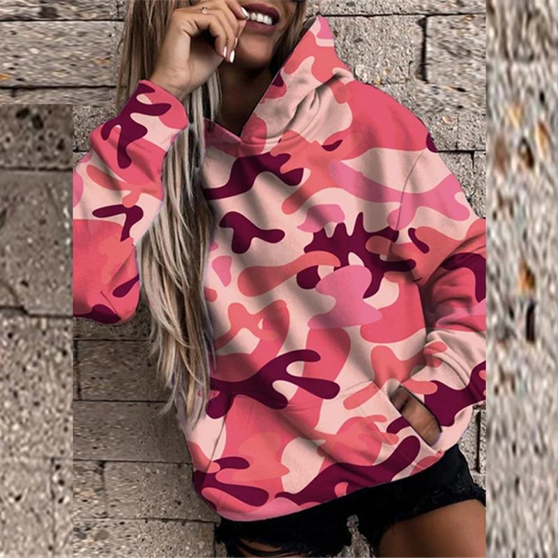 

2021 New Streetwears Women Loose Camouflage Print Long-sleeved Sweater Autumn Winter Fashion Tie-Dye Pullover Hooded Casual Tops