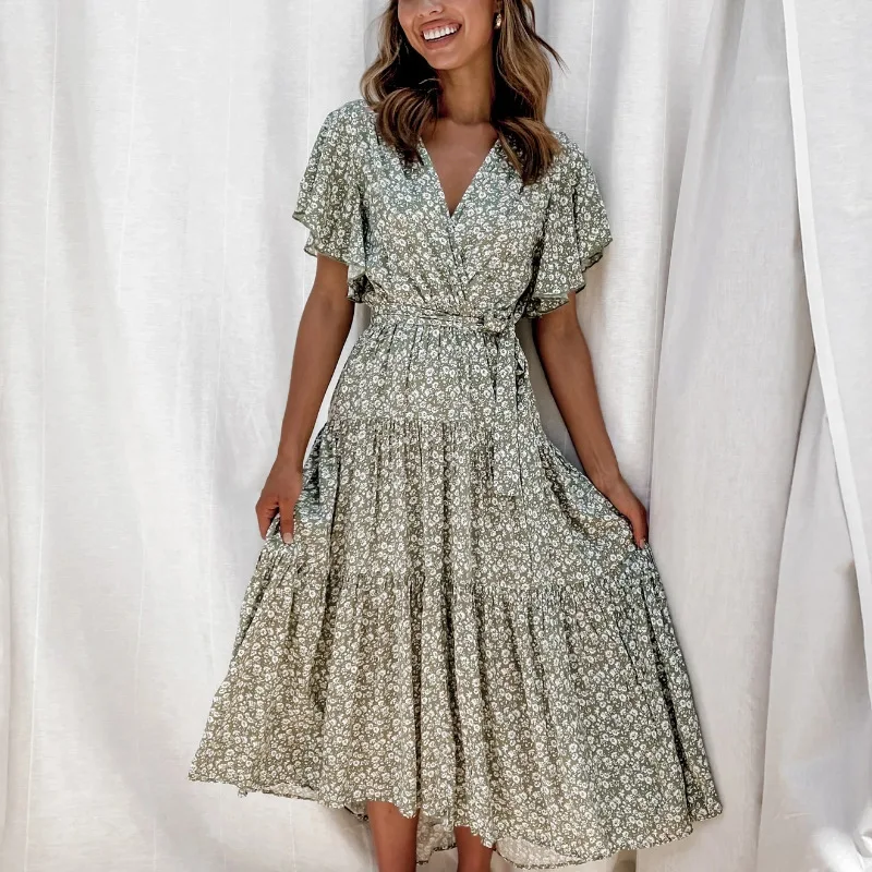 

2021 New Ladies Summer Butterfly Sleeve Floral Print Chiffon Dress Women Office Lady V Neck Ankle Length Dresses