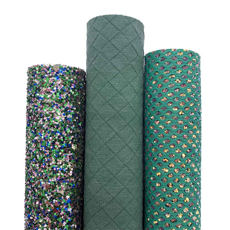 3PCS/SET Mesh Glitter Green Glitter Vinyl Fabric Matching with Weave Embossed Faux Leather For Bows Earrings DIY 21X29CM Q116